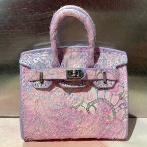 👜 Handmade Genuine Leather Mini Iridescent Calf Hair Birkin Textured Tote Charm